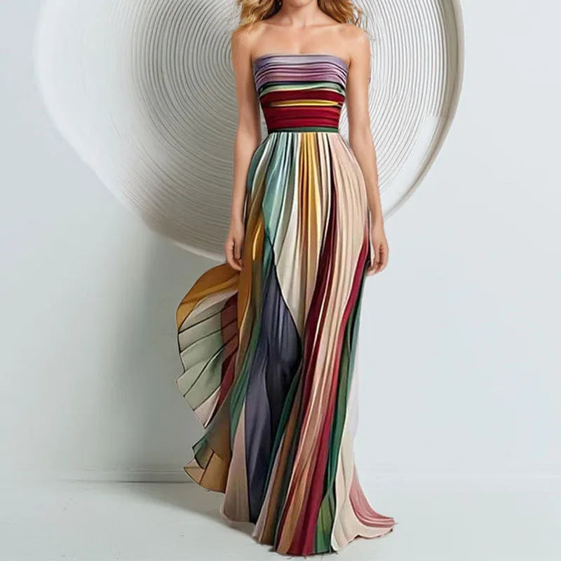 Women's Strapless Long Dresses Sleeveless Backless A-Line Dress Rainbow Stripe Color Folds Clothes High Waist Big Skirt Hem Max