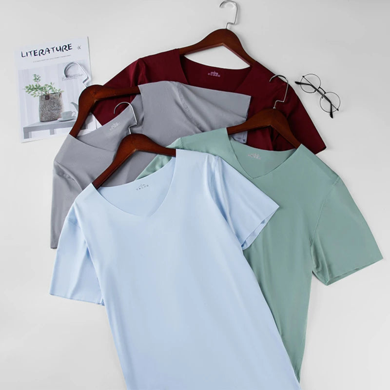 2025 Men's Thin Short Sleeve Ice Silk Without Summer Solid Color T Shirt Trace Slim V-neck Bottoming Seamless Short Sleeve