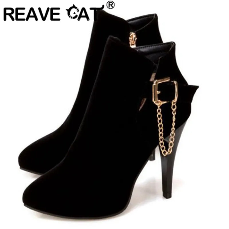 REAVE CAT Ankle Boots Woman Pointed Toe Thin Heels Flock Zipper Buckle Chains Big Size 30-50 Black Blue Red Wedding S2677