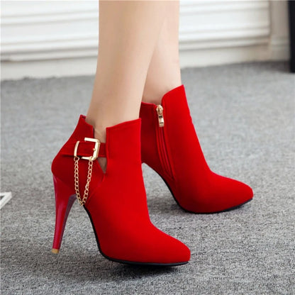 REAVE CAT Ankle Boots Woman Pointed Toe Thin Heels Flock Zipper Buckle Chains Big Size 30-50 Black Blue Red Wedding S2677