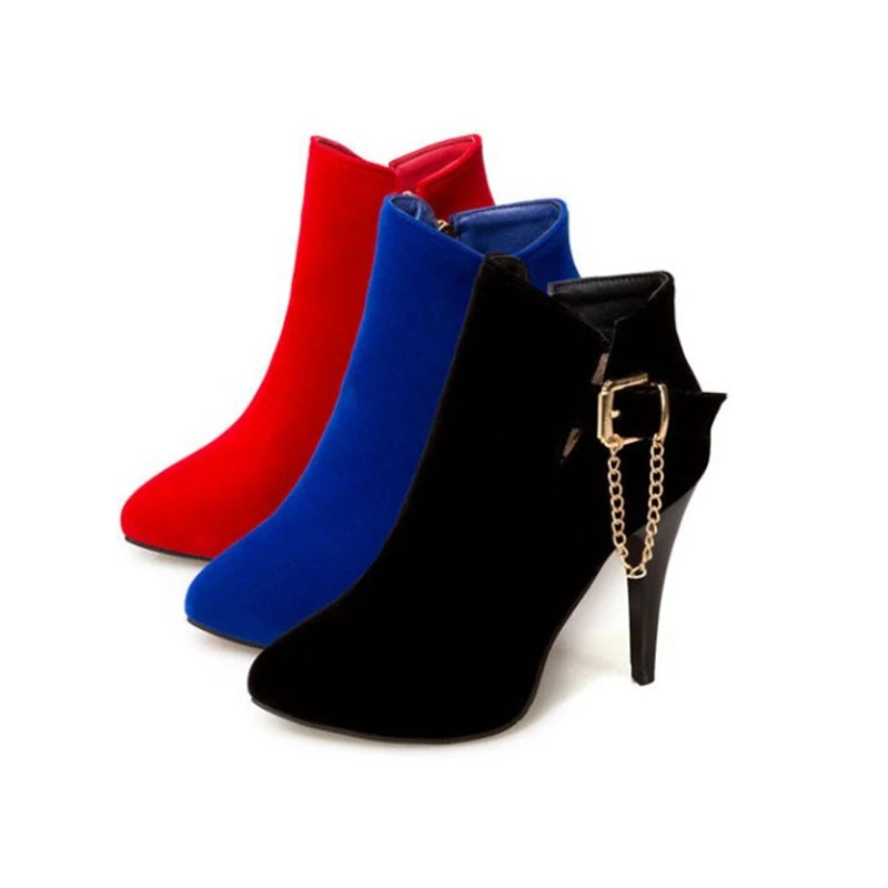 REAVE CAT Ankle Boots Woman Pointed Toe Thin Heels Flock Zipper Buckle Chains Big Size 30-50 Black Blue Red Wedding S2677