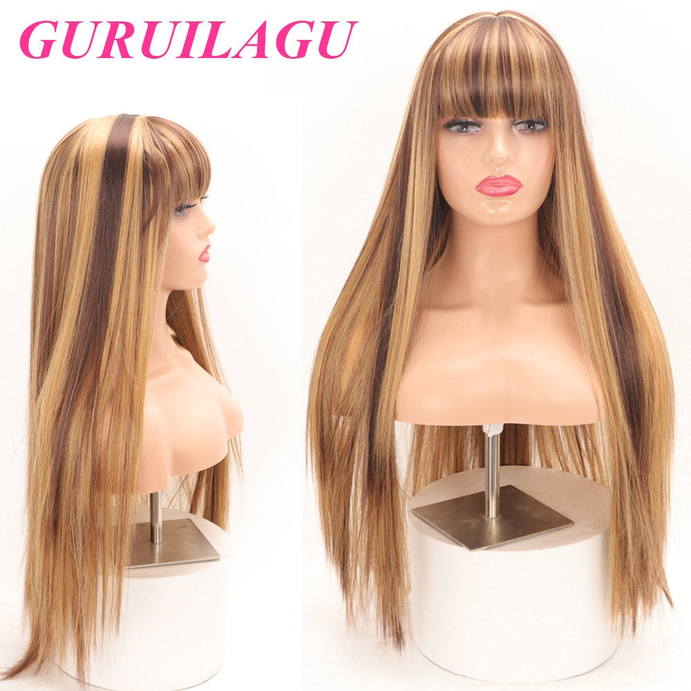 GURUILAGU 30inch Long Straight Wigs for Women Smooth Natural Wigs Synthetic Wig With Bangs Black Pink Piano Color Wig Female