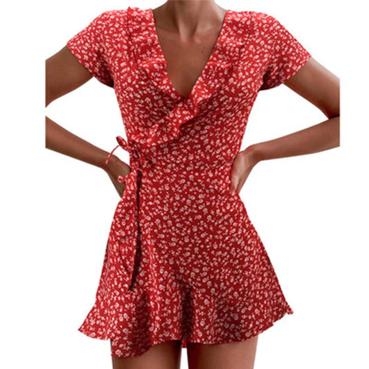 Summer Women’s Floral A-Line Dress Sweet Elegant Floral Ruffles V-neck Bandage Short Dress for Lady Chic Flowers Mini Dress