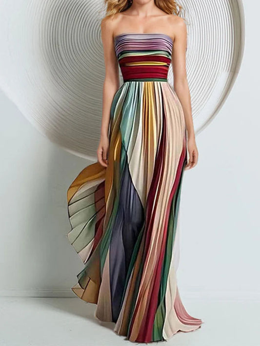 Women's Strapless Long Dresses Sleeveless Backless A-Line Dress Rainbow Stripe Color Folds Clothes High Waist Big Skirt Hem Max