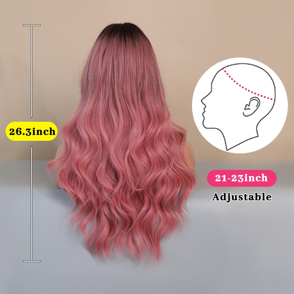 Pink Red Long Wave Women Wig with Bangs Top Brown Heat Resistant Synthetic Wig Party Daily Use Female Hair Cosplay Mermaid Wig