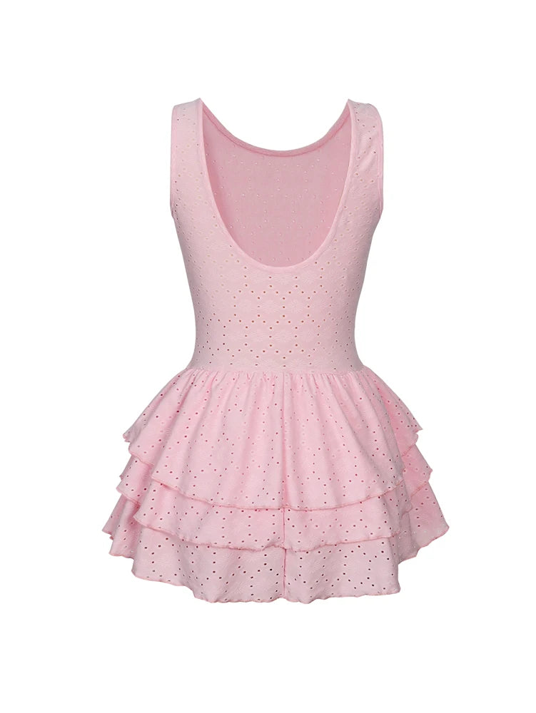 Women's Solid Colour Burned Flower Embroidery Ruffled Hem Mini Sleeveless Dress Elegant, Sensual, Pink Girly Style