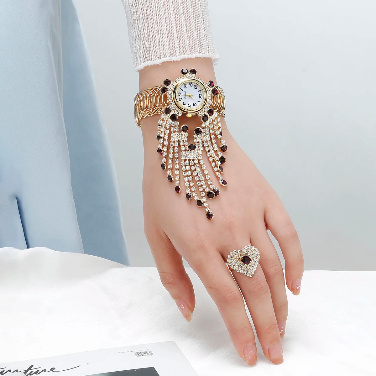 2pcs Set Watch For Women Watches Luxury Women's Rhinestone Diamond Tassel Fashion Versatile Bracelet Watch A Luxury Love Ri