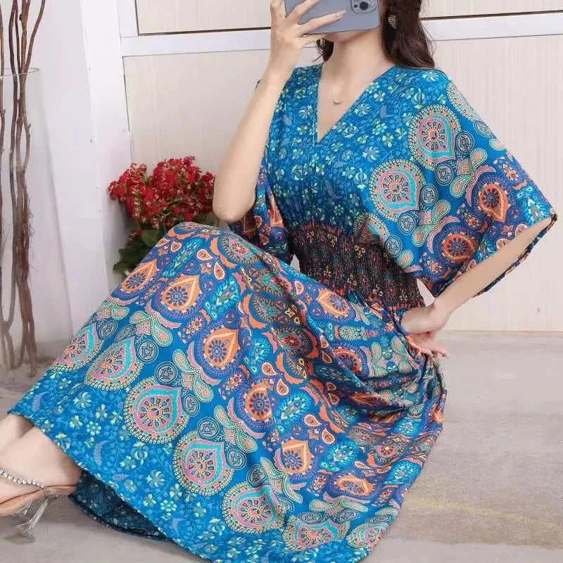 Elegant Vintage Women's Midi Dress V-Neck Retro Print Dress High Street Office Lady's Dress Short Sleeve A-Line Dress Boho Chic