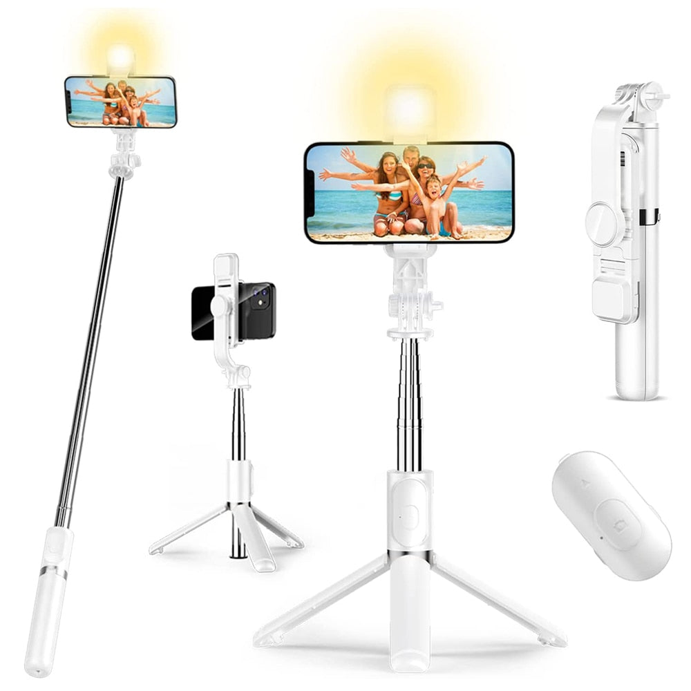 Lighted Wireless Bluetooth Selfie Stick Foldable Portable Tripod with Fill Light Shutter Remote Control for Android iPhone Phone