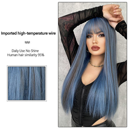 Mermaid Blue Long Straight Wig Women Wig with Bangs Cosplay Party Daily Use Heat Resistant Synthetic Fiber Natural Fake Wig