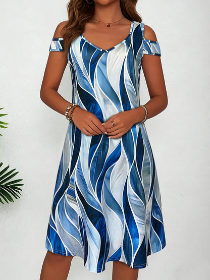 Women's Blue White Abstract Wave Print Cold Shoulder Dress, Summer Casual V Neck Short Sleeve Flowy Sundress