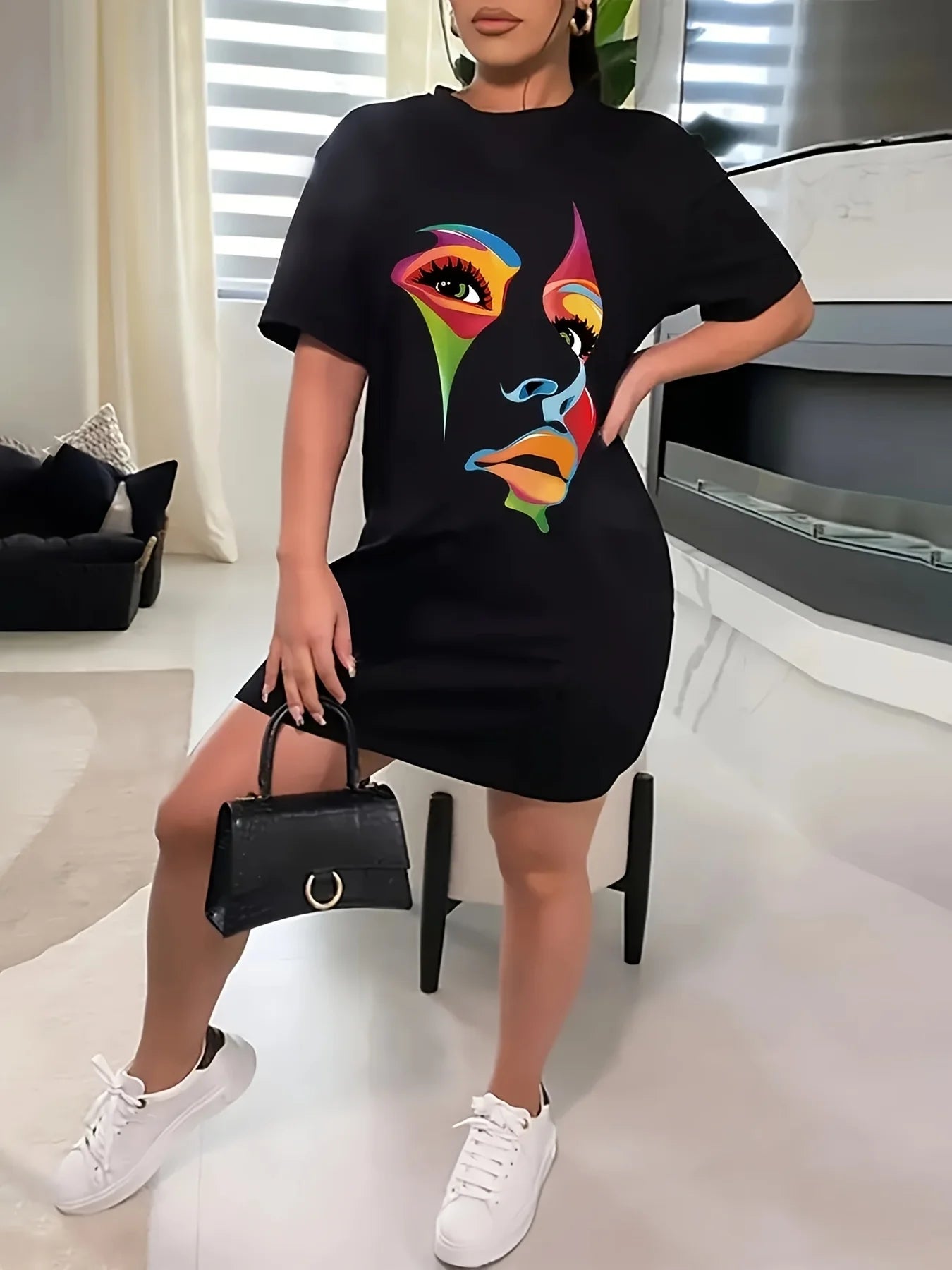 Women's Summer Casual Abstract Portrait Print Loose Large Round Neck Short Sleeve T-shirt Dress
