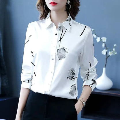 Woman Spring Autumn Style Blouses Shirts Lady Casual Long Sleeve Turn-down Collar Flower Printed Blusas Tops DF4851