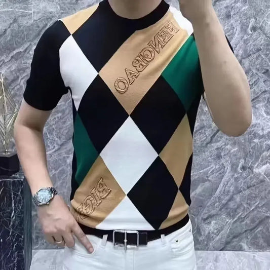 Trendy Men's Ice Silk Short Sleeve T-Shirt 2024 Spring Autumn New Style Versatile Square Half Sleeve Top Crew Neck Design