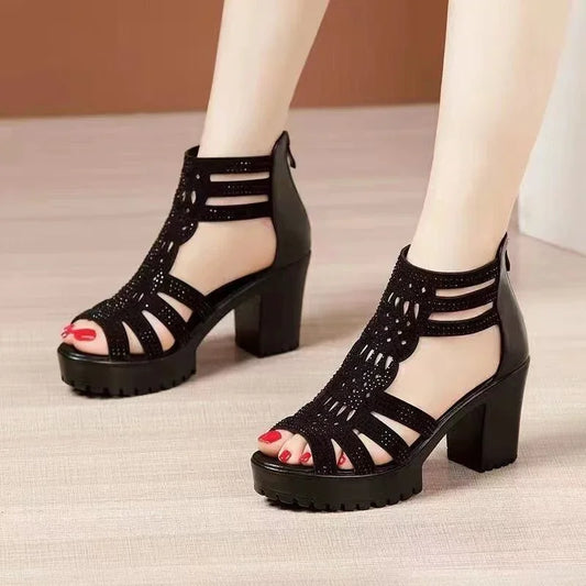 Hot Selling New 2025 Summer Women's Hollow Roman Sandals High-heeled Women's Casual Sandals Open Toed Fish Mouth Shoes