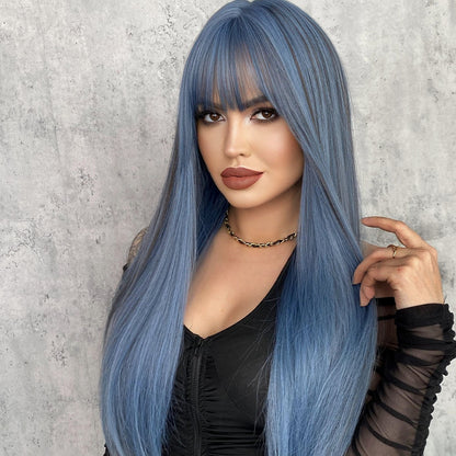 Mermaid Blue Long Straight Wig Women Wig with Bangs Cosplay Party Daily Use Heat Resistant Synthetic Fiber Natural Fake Wig