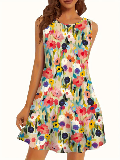 Women's Sleeveless Round Neck Colorful Watercolor Floral Print Flowy Mini Dress, Casual Summer