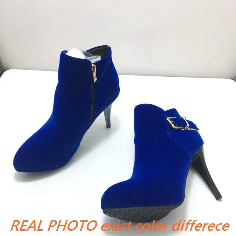 REAVE CAT Ankle Boots Woman Pointed Toe Thin Heels Flock Zipper Buckle Chains Big Size 30-50 Black Blue Red Wedding S2677