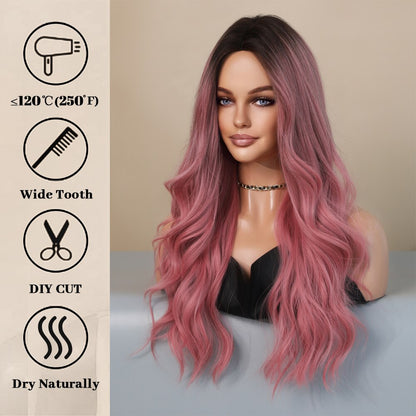 Pink Red Long Wave Women Wig with Bangs Top Brown Heat Resistant Synthetic Wig Party Daily Use Female Hair Cosplay Mermaid Wig