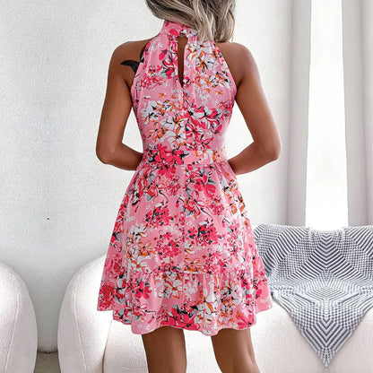 Sexy Spring Summer Floral Halter Neck Women Dress Sleeveless Lace Up Ruffled A Line Short Dress