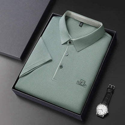 New Men's Business Casual Short Sleeved Shirt with Badge Solid Color Polo Shirt Fashionable Breathable Comfortable Versatile Top