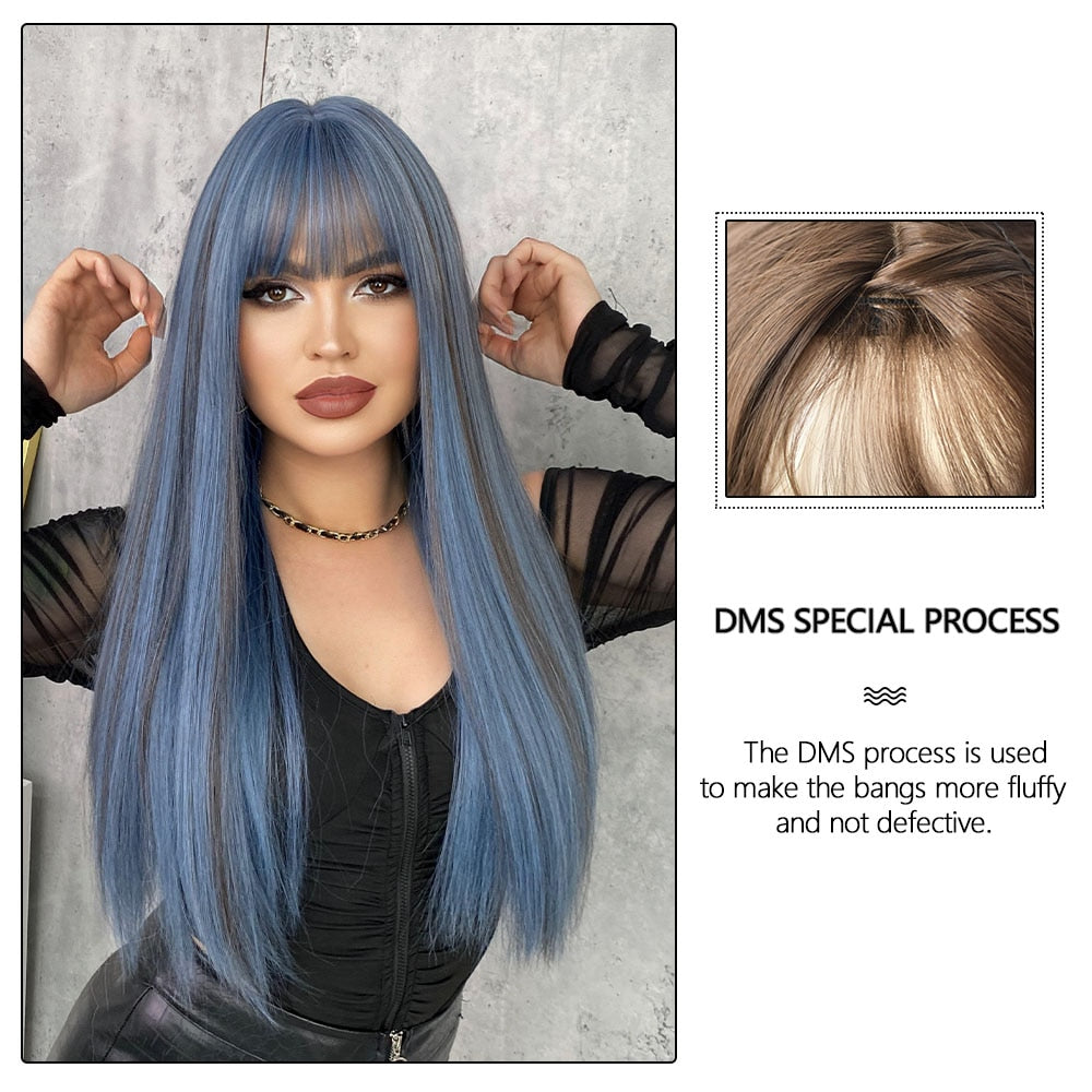 Mermaid Blue Long Straight Wig Women Wig with Bangs Cosplay Party Daily Use Heat Resistant Synthetic Fiber Natural Fake Wig