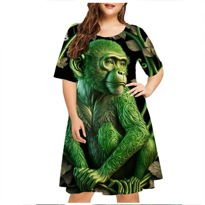 Plant Flowers Green Leaf Funny Monkey Dress Women Plus Size Summer Dresses Casual Short Sleeve O-Neck 3D Print Loose Dress