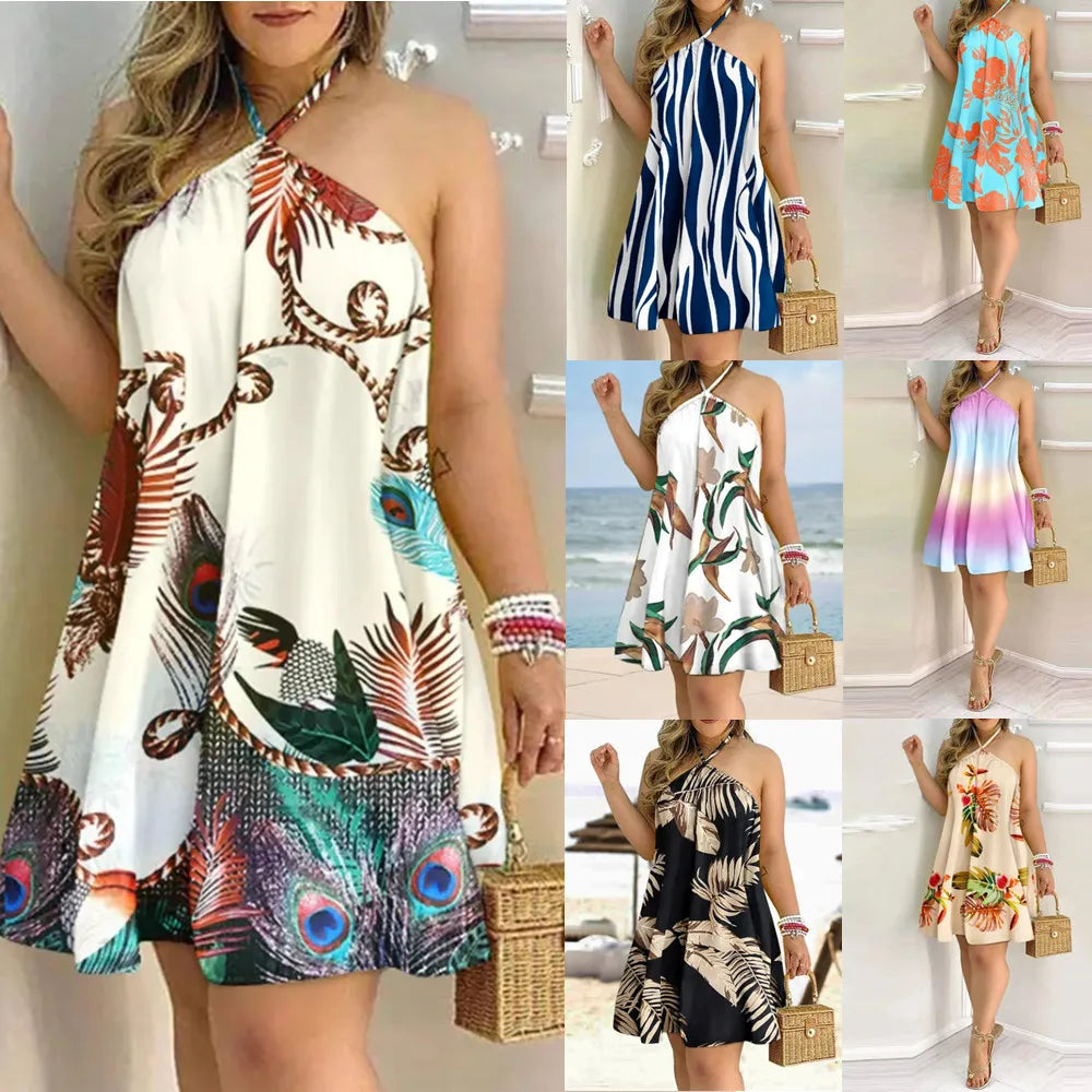 Women's 2026 Summer Off-Shoulder Tie-Up Dress – Loose Fit Print Maxi Dress, Sexy Vacation Beach Dress