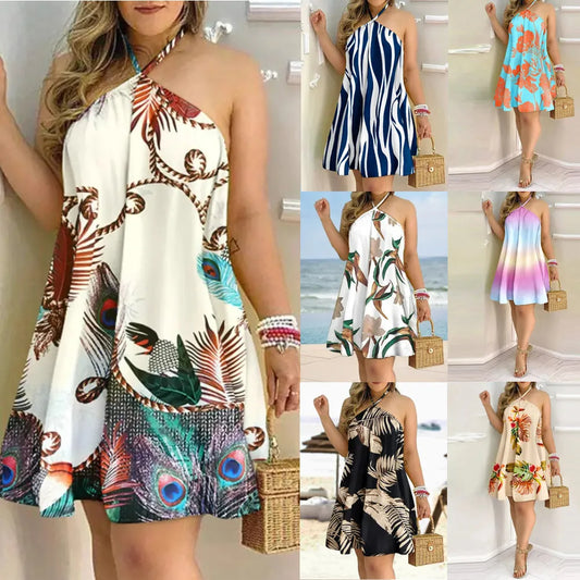 Women's 2026 Summer Off-Shoulder Tie-Up Dress – Loose Fit Print Maxi Dress, Sexy Vacation Beach Dress