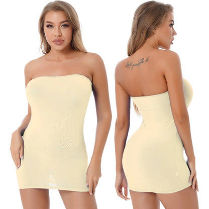 Womens Bodycon Mini Dress Sexy Lingerie Strapless Zipper Transparent Tube Dress Erotic Babydoll Stretchy Nightwear Sleepwear
