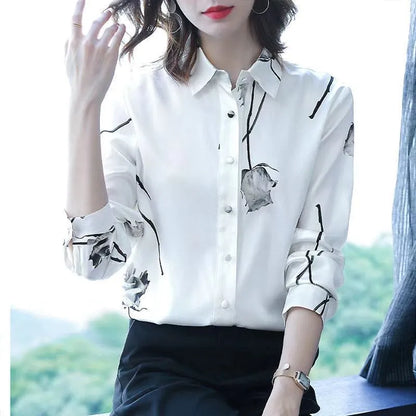 Woman Spring Autumn Style Blouses Shirts Lady Casual Long Sleeve Turn-down Collar Flower Printed Blusas Tops DF4851