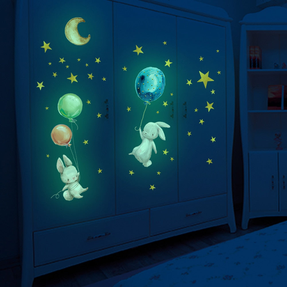 Cartoon Bunny Balloon Wall Sticker Bedroom Living Room Home Decoration Kids Room Wallpaper Glow In The Dark Cute Rabbit Stickers