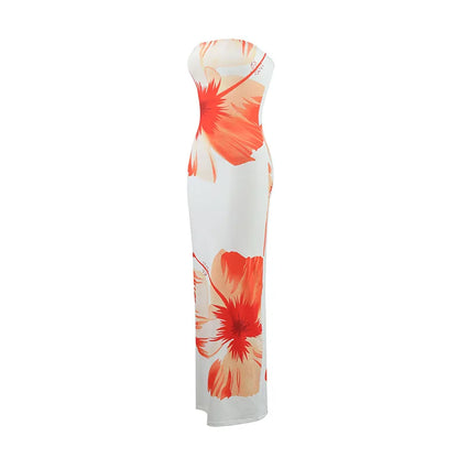 Summer 2025 New Fashion Temperament Sexy Strapless Slim Holiday Long Dress Elegant Backless Printing Sleeveless Dress