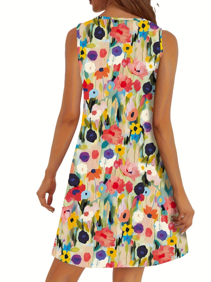 Women's Sleeveless Round Neck Colorful Watercolor Floral Print Flowy Mini Dress, Casual Summer