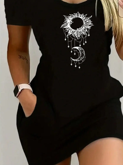 2026 Women's Casual Elegant Style Sun Moon Pattern Solid Color Round Neck Short Sleeve Women's Sexy Dress Short Skirt