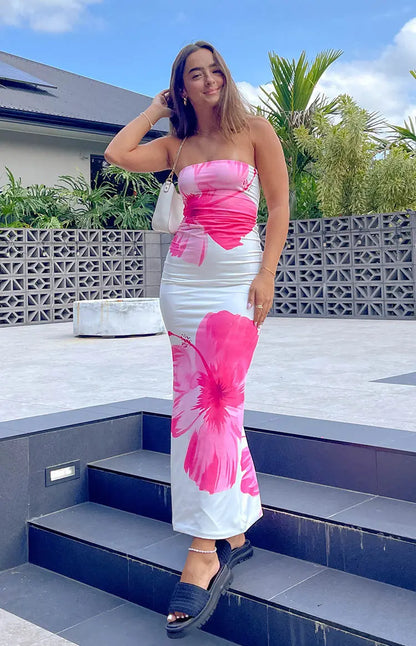 Summer 2025 New Fashion Temperament Sexy Strapless Slim Holiday Long Dress Elegant Backless Printing Sleeveless Dress