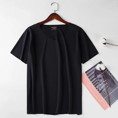 2025 Men's Thin Short Sleeve Ice Silk Without Summer Solid Color T Shirt Trace Slim V-neck Bottoming Seamless Short Sleeve