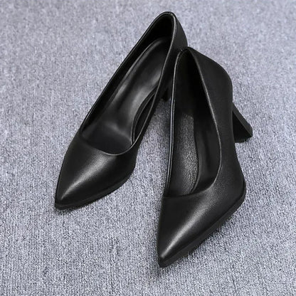 Soft PU Non-slip Single Shoe Work Shoes Women's Pumps Black Professional Interview High Heels Mid Heeled Work Leather Shoes
