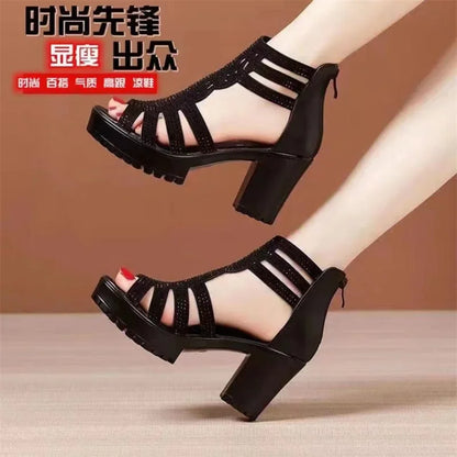 Hot Selling New 2025 Summer Women's Hollow Roman Sandals High-heeled Women's Casual Sandals Open Toed Fish Mouth Shoes