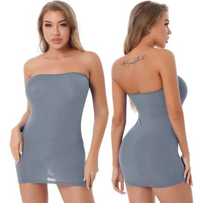 Womens Bodycon Mini Dress Sexy Lingerie Strapless Zipper Transparent Tube Dress Erotic Babydoll Stretchy Nightwear Sleepwear