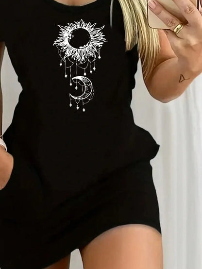 2026 Women's Casual Elegant Style Sun Moon Pattern Solid Color Round Neck Short Sleeve Women's Sexy Dress Short Skirt