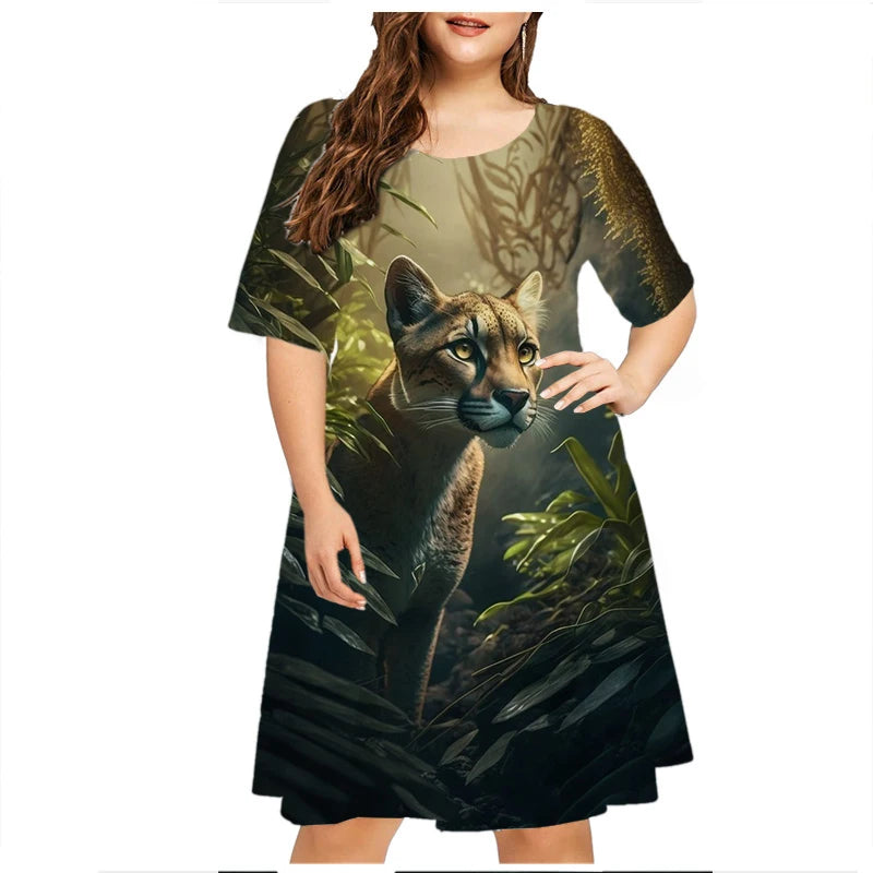 Plant Flowers Green Leaf Funny Monkey Dress Women Plus Size Summer Dresses Casual Short Sleeve O-Neck 3D Print Loose Dress