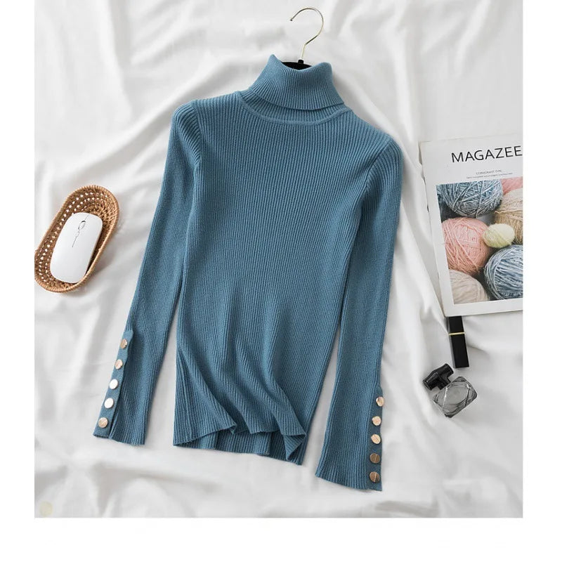 Thick Sweater Pullovers Long Sleeve Tops Women Autumn Winter Clothes Slim Knit Soft Jumper Streetwear Button Turtleneck Sweater