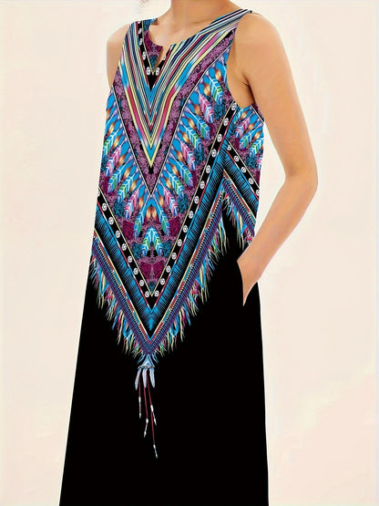 Women'S Loose Dress Summer Casual Feather Print Dress Women'S Plus-Size V-Neck Sleeveless Dress Fashion Elegant Evening Dress