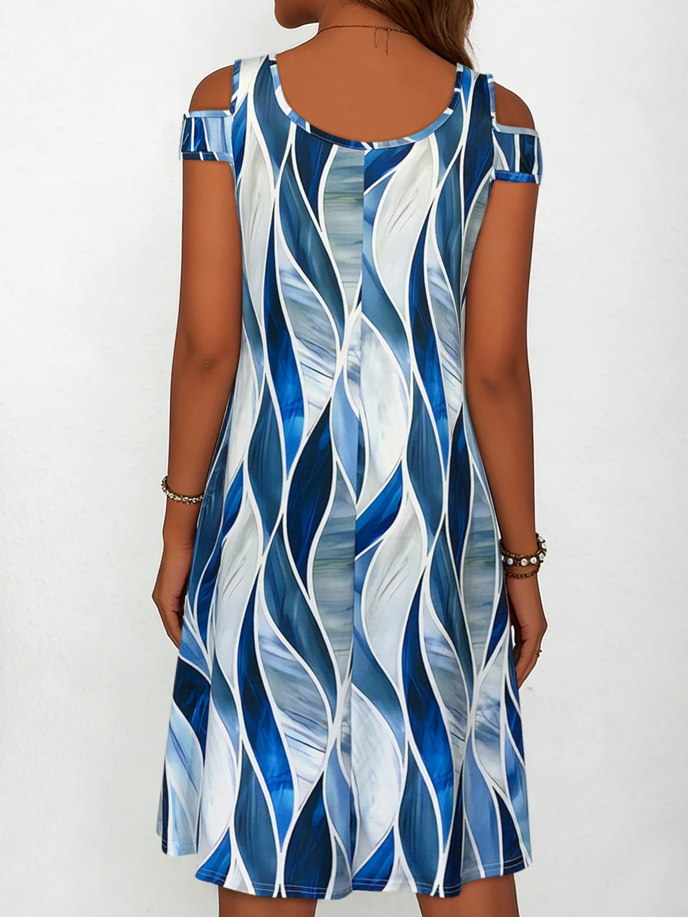 Women's Blue White Abstract Wave Print Cold Shoulder Dress, Summer Casual V Neck Short Sleeve Flowy Sundress