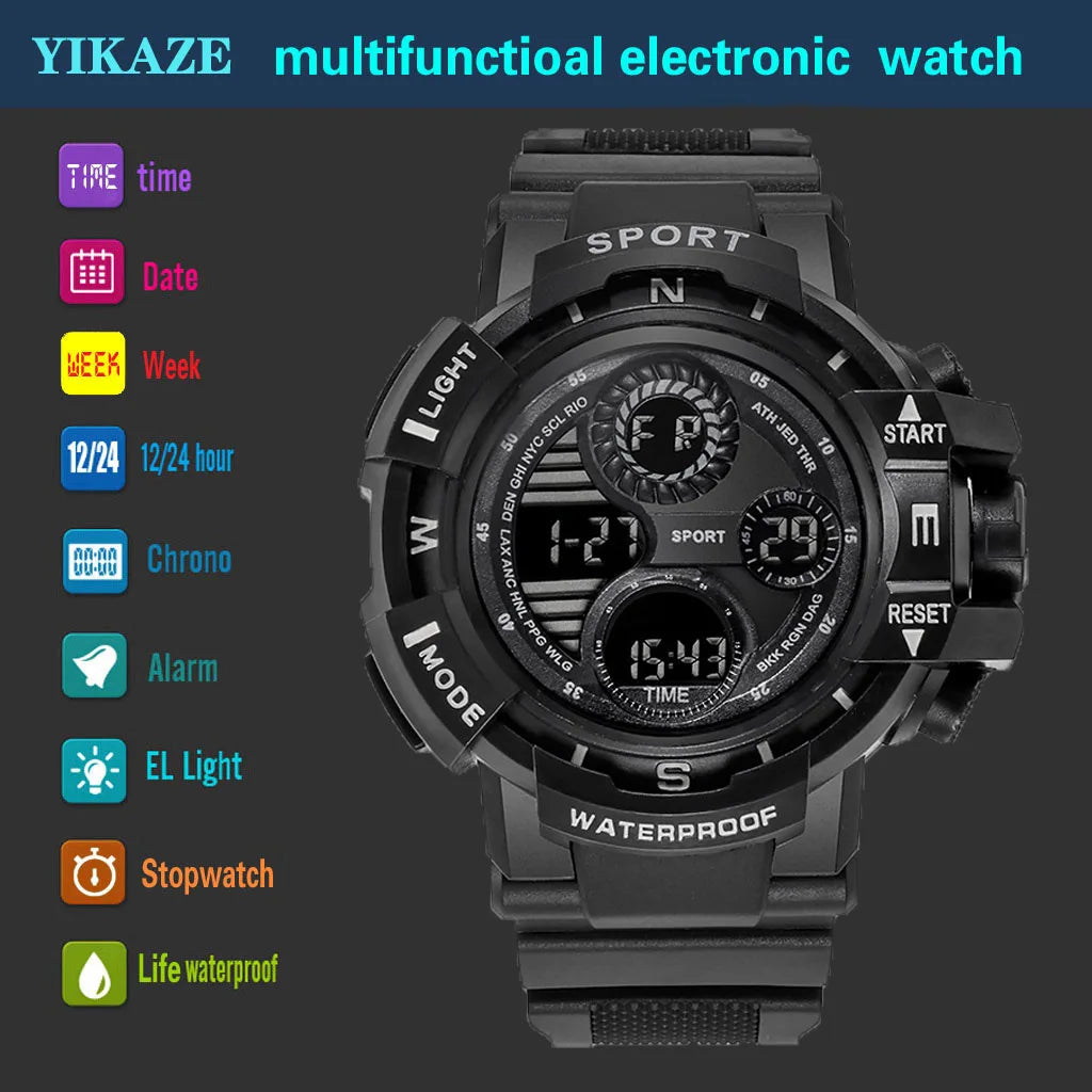 YIKAZE Black Digital Watch for Men Sports Watches Waterproof Outdoor Chronograph Hand Clock G Infantry Shock Student Wristwatch