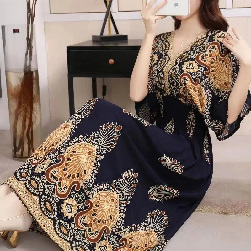 Elegant Vintage Women's Midi Dress V-Neck Retro Print Dress High Street Office Lady's Dress Short Sleeve A-Line Dress Boho Chic