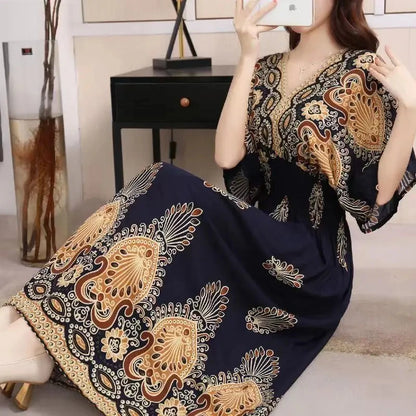 Elegant Vintage Women's Midi Dress V-Neck Retro Print Dress High Street Office Lady's Dress Short Sleeve A-Line Dress Boho Chic