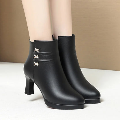 Elegant Office Ladies Soft Leather Boots with fur Fall Winter Block High Heels Ankle Boots Plush for Mom Daily