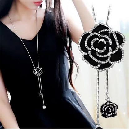 Fashion Black Rose Flower Long Necklace Sweater Chain Metal Crystal Pendant Necklaces Adjusted